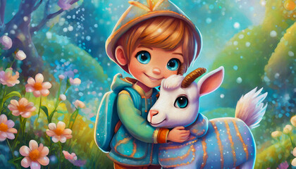 Fototapeta premium oil painting style cartoon character illustration A little boy hugs a white goat 