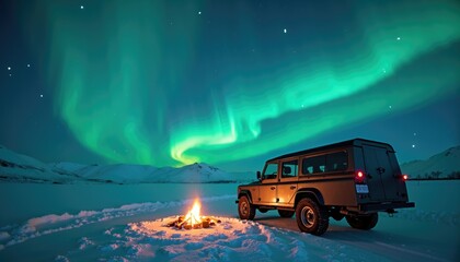 Off-road vehicle parked near a campfire in snowy landscape with Northern Lights in the sky. Nighttime outdoor photography of winter camping adventure under aurora borealis. Travel and exploration.
