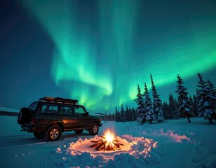 Off-road vehicle parked near a campfire in snowy landscape with Northern Lights in the sky. Nighttime outdoor photography of winter camping adventure under aurora borealis. Travel and exploration.