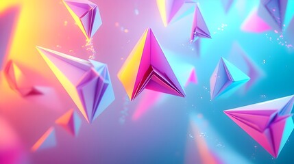 Obraz premium Vibrant Geometric 3D Triangular Backdrop with Origami-Inspired Folded Planes and Dynamic Neon Gradients