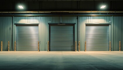 A dimly lit industrial area featuring three closed garage doors, highlighting a functional storage or loading space.