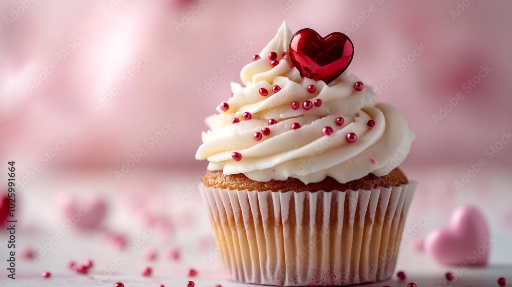 Aufkleber valentines day message displayed alongside frosted cupcake with a tiny red heart ornament on top sof