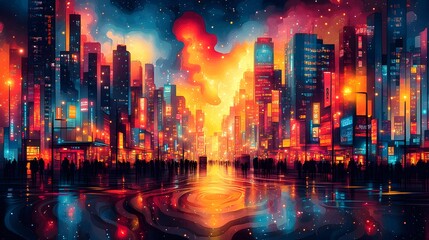 Vibrant Neon Cityscape of Bustling Avant-Garde Metropolis with Dynamic Shapes and Swirling Colors