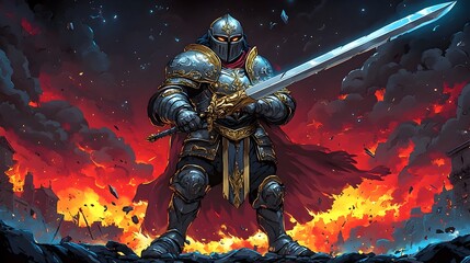 Majestic Fantasy Knight Warrior in Ornate Armor Commands the Battlefield with Unwavering Courage