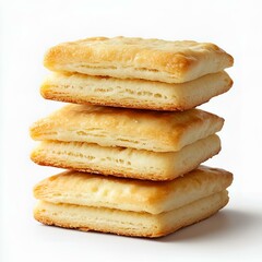 Stack of flaky square biscuits on white background.