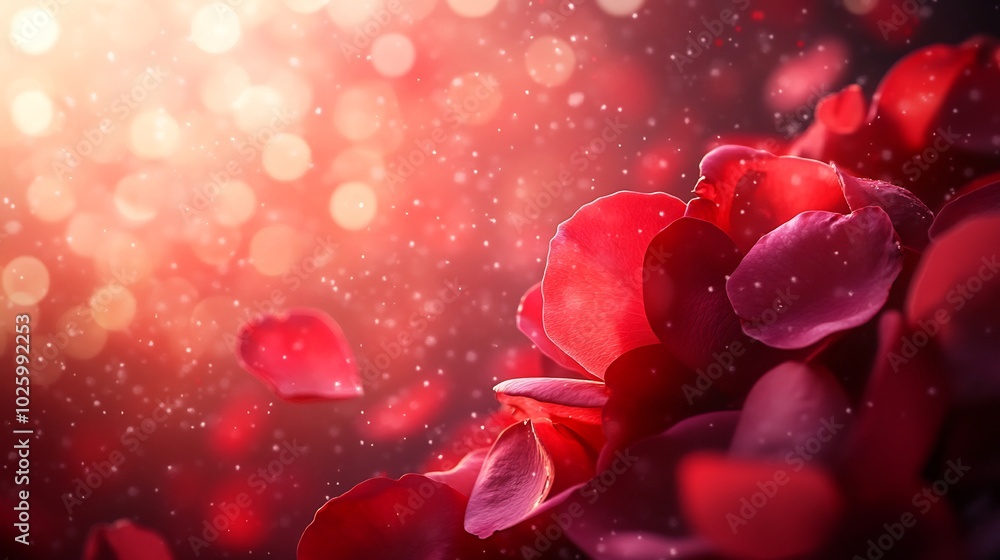 Poster abstract red pink background with scattered rose petals blending soft colors and smooth textures to 