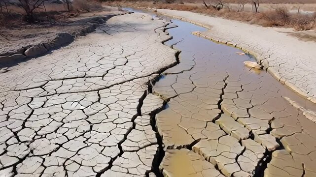 Cracked mud and a dried riverbed in a barren landscape, symbolizing extreme drought and environmental challenges. Concept for climate change and water scarcity