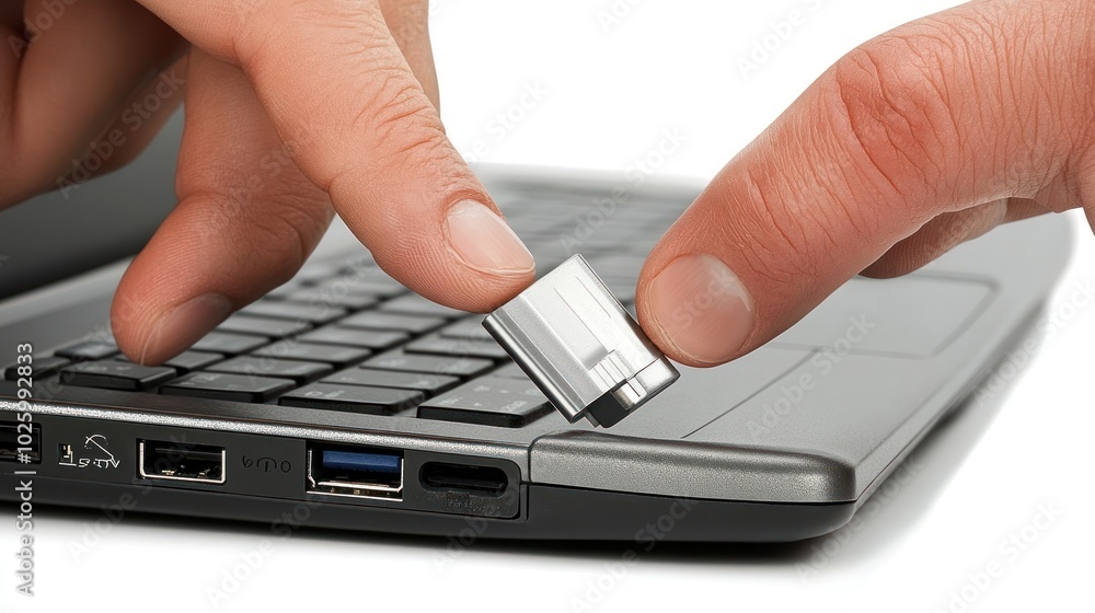 Poster hand inserting a usb device into a laptop