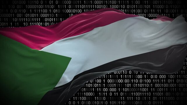 Binary code on flag of Sudan. Program source code or Hacker concept on Sudanese flag. Sudan digital technology security, hacking or programming