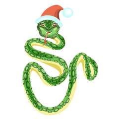 A green snake in a red Christmas hat, isolated on a white background.Vector illustration, symbol of the year 2025.For textiles, postcards.