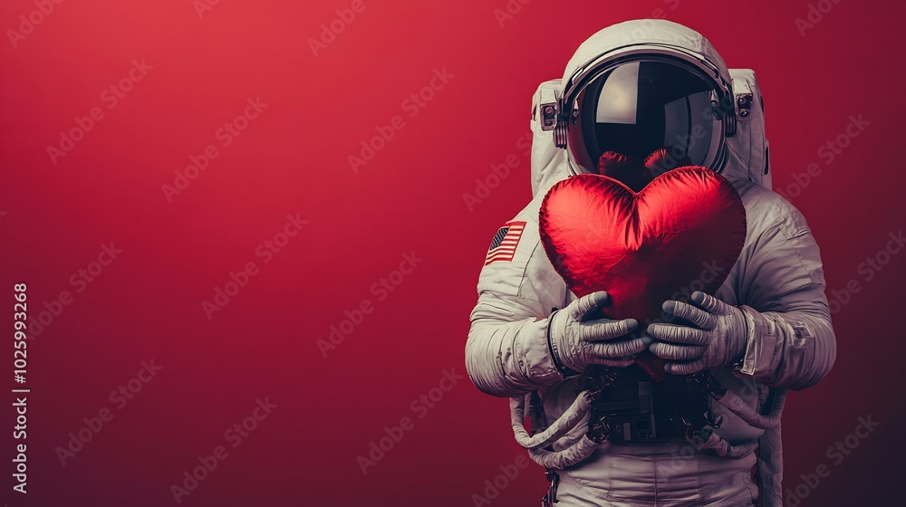 Poster astronaut in a space suit gently hugging a large soft red valentine heart against a minimalistic red