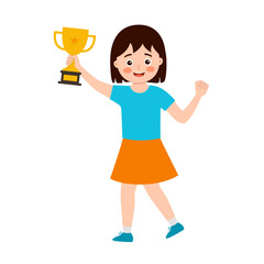 Happy cute little kid girl holding trophy in flat design on white background. Winner student.
