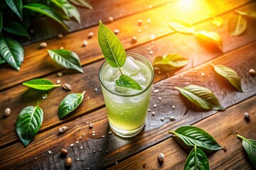 Fototapeta premium Refreshing Beverage with Green Leaf Logo - Candid Photography for Eco-Friendly Brand Promotion