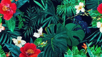 A vibrant tropical foliage design featuring colorful flowers and lush greenery.