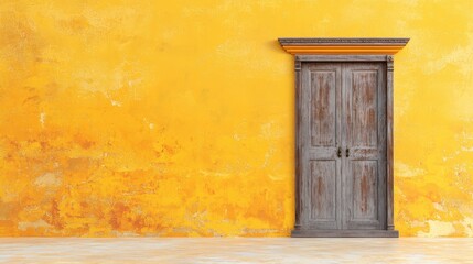 Rustic Wooden Door on Bright Yellow Wall