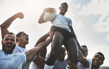 Teamwork, rugby and success with men for winner, championship and premiership league. Fitness,...