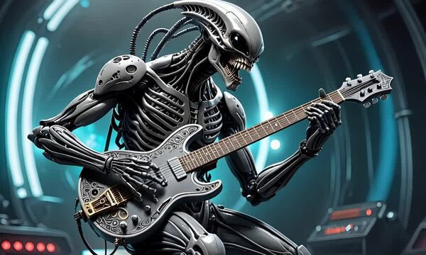 A menacing alien plays an electric guitar, its skeletal frame and sharp teeth hinting at its predatory nature