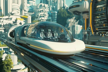 Stunning futuristic transportation weaving through a peaceful urban landscape, vibrant colors, harmony in design