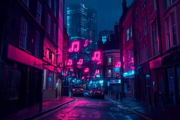 Fototapeta premium A vibrant city street illuminated by glowing music notes in neon pink. The atmosphere is lively and energetic. Perfect for music and nightlife themes. Generative AI