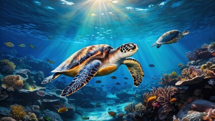 Obraz premium A vibrant underwater scene featuring a sea turtle swimming among coral and colorful fish.