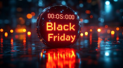 A digital countdown timer reading "00:05:00" with "Black Friday" text, glowing in vivid red, set on a dark matte background with subtle reflections, dramatic lighting from below,