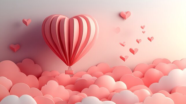 Heartshaped hot air balloon drifting among numerous tiny heartshaped balloons set against pastel sky Paper art and origami theme for a romantic Valentines Day vector design