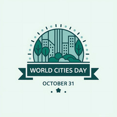 Green-themed vector illustration for World Cities Day, featuring a cityscape with trees and greenery, symbolizing eco-friendly urban development and sustainable cities on October 31.