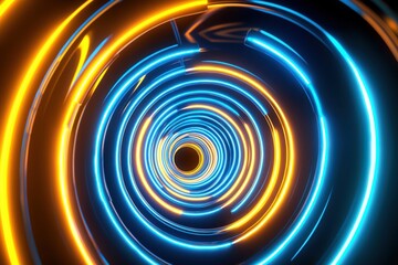 A vibrant, abstract representation of a swirling tunnel with blue and orange neon lights, creating a sense of depth and motion.