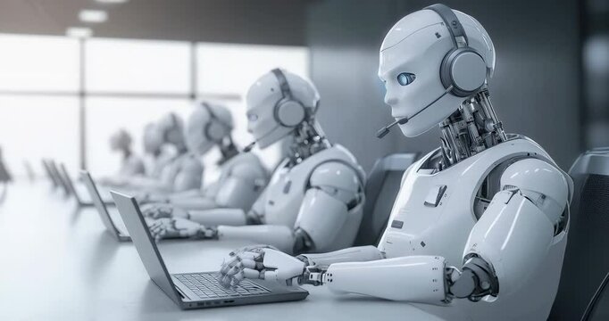A group of advanced white humanoid robots equipped with headsets, efficiently working on laptops in a futuristic call center environment, symbolizing AI-driven customer service