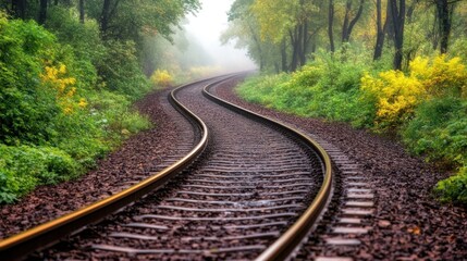Obraz premium Curved Train Tracks Through Foggy Forest
