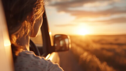 A serene sunset view from a car, capturing a woman enjoying the breeze and the vibrant colors of the sky.