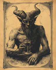 Vintage engraved angry devil card design, Vintage illustration