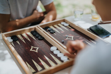 Two people enjoying a game of backgammon on a wooden board outside. The scene captures friendship, leisure, and strategy on a bright afternoon.