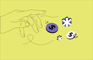 Illustration of business and finance showing the hand of a person catching coins. Finance and business opportunity illustration