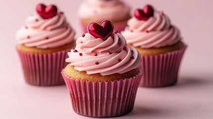 Valentine's Day greeting card featuring sweet homemade pink red cupcakes decorated with hearts and love symbols The cupcakes sit elegantly on a solid pastel pink background