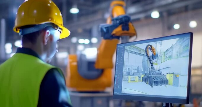 Advanced Manufacturing: Enginer Working on Design of Robotic Arms Line. Screen Shows Software To finalize the Robotic Arm settings