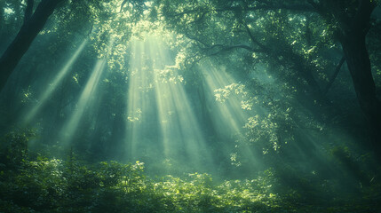 Sunbeams Streaming Through a Dense Forest Canopy in a Serene Misty Morning Scene