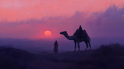 A man and a camel are walking on a desert path at sunset