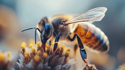 Close-up of Honey Bee on Flower Petals in Nature