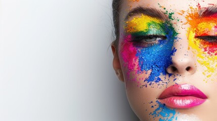 A vibrant close-up of a woman's face adorned with colorful paint, showcasing artistic expression through bold hues and creative makeup.