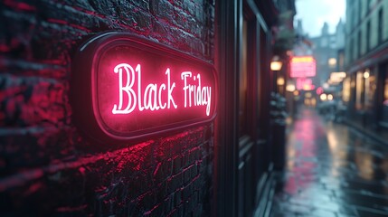 A neon "Black Friday" sign glowing in vivid red and white, set against a dark brick wall, reflections from the neon lights, realistic texture of the wall, soft haze effect,