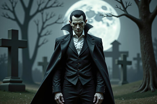 Elegant vampire standing in graveyard at night with full moon