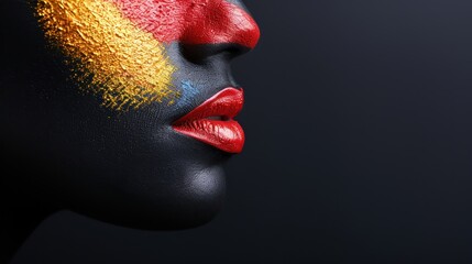 Obraz premium A close-up of a painted face showcasing vibrant colors, emphasizing artistic expression and beauty through contrasting hues.