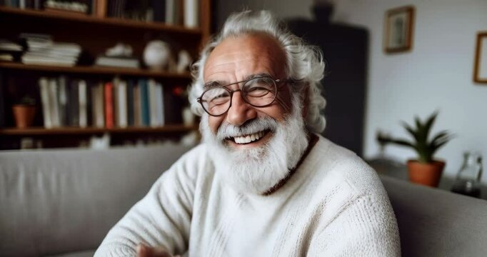 Grandpa rejoices at good news while sitting in the room