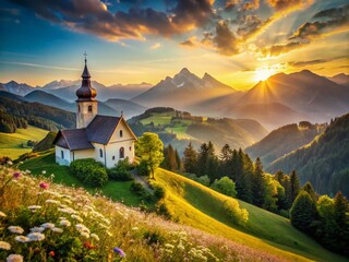 Fototapeta premium Serene Catholic Landscape with Majestic Mountains and Tranquil Church Setting