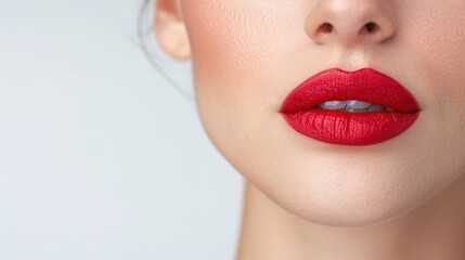 A close-up of a woman's lips featuring vibrant red lipstick, showcasing smooth skin and a soft, polished look against a light background.