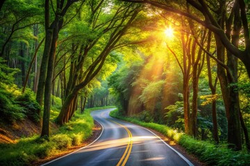 Fototapeta premium Serene Curved Street Through Lush Forest Landscape - Nature Photography for Travel and Outdoors