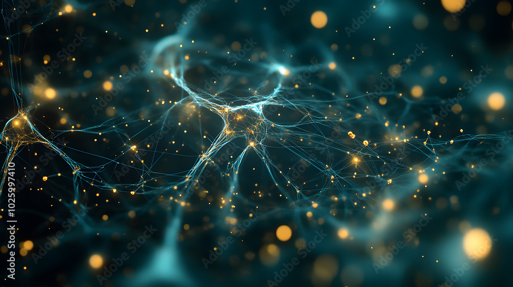 Poster a computer generated image of a brain with many neurons and a lot of light