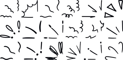 Vector Doodle Set of Comic Style Elements with Arrows, Emphasized Lines, Scribbles, Curves, and Exclamation Marks for Motion, Action, and Emotion Effects