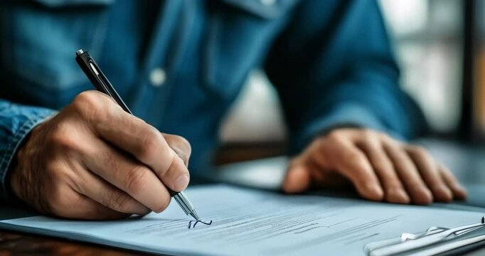 Close-up of hands signing a contract document on a desk in an office